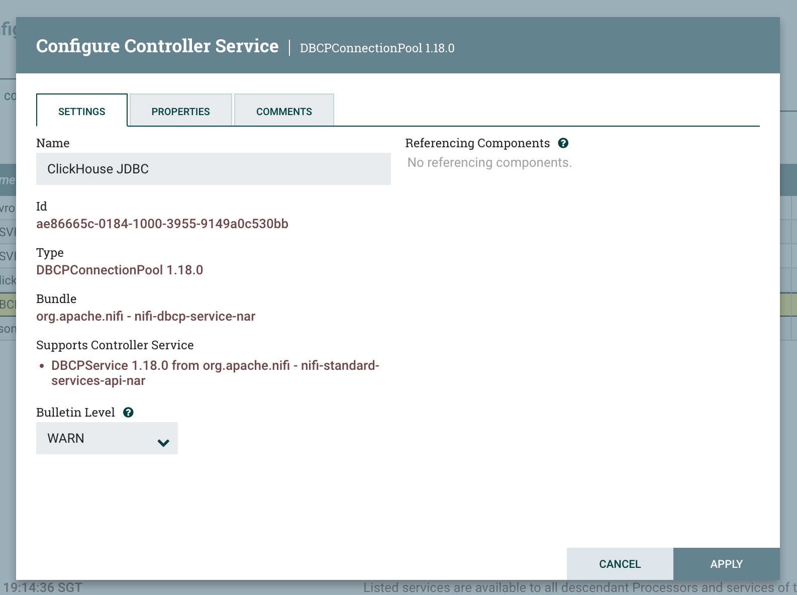 Диало�г настройки DBCPConnectionPool с заполненными свойствами