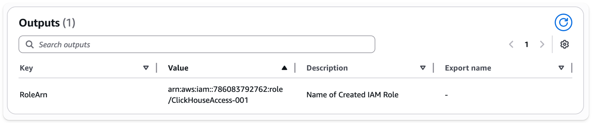 Результат стека CloudFormation с отображением IAM Role ARN