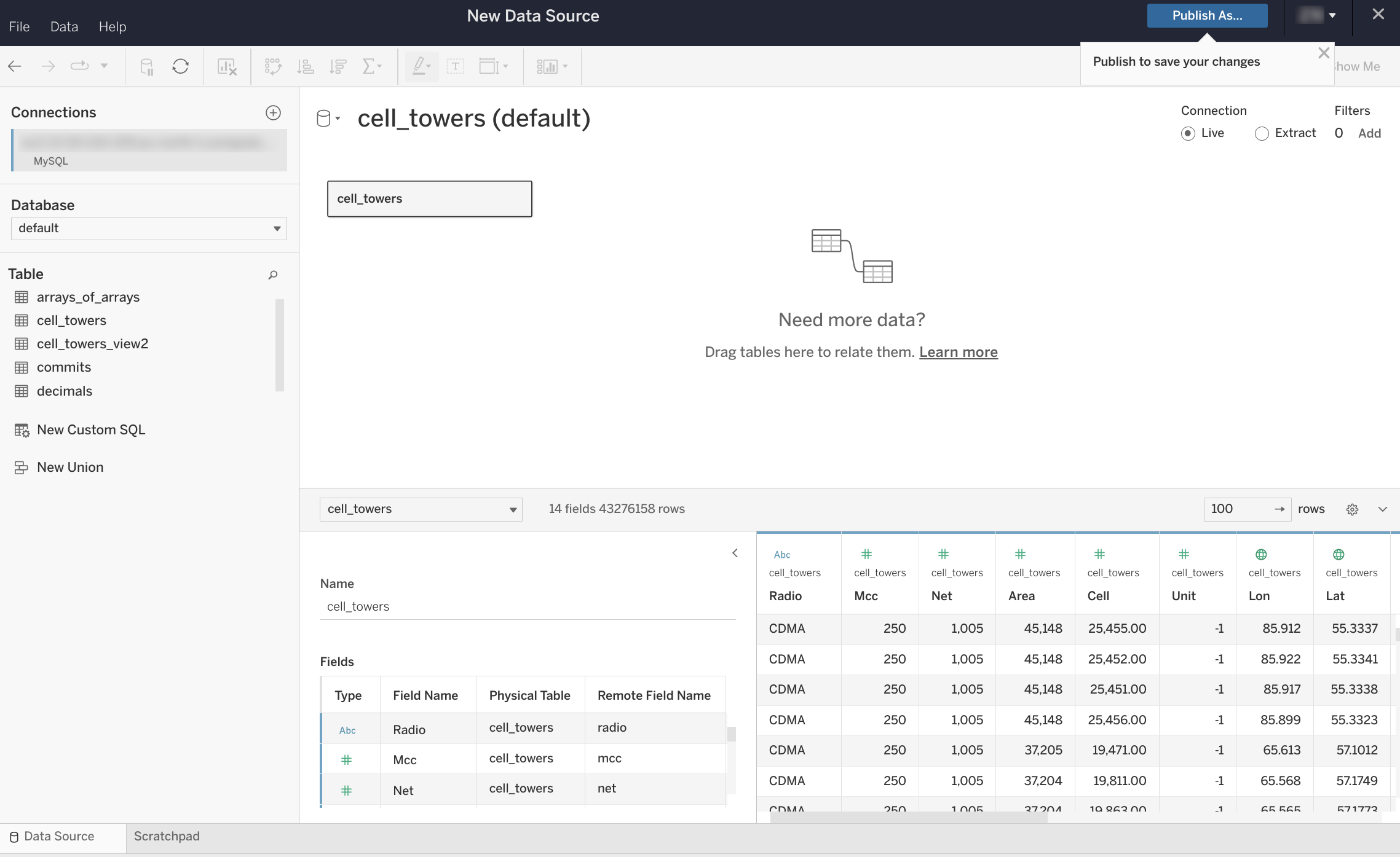 Страница источника данных Tableau Online, где слева отображаются таблицы базы да�нных, а справа — рабочая область с функцией drag-and-drop